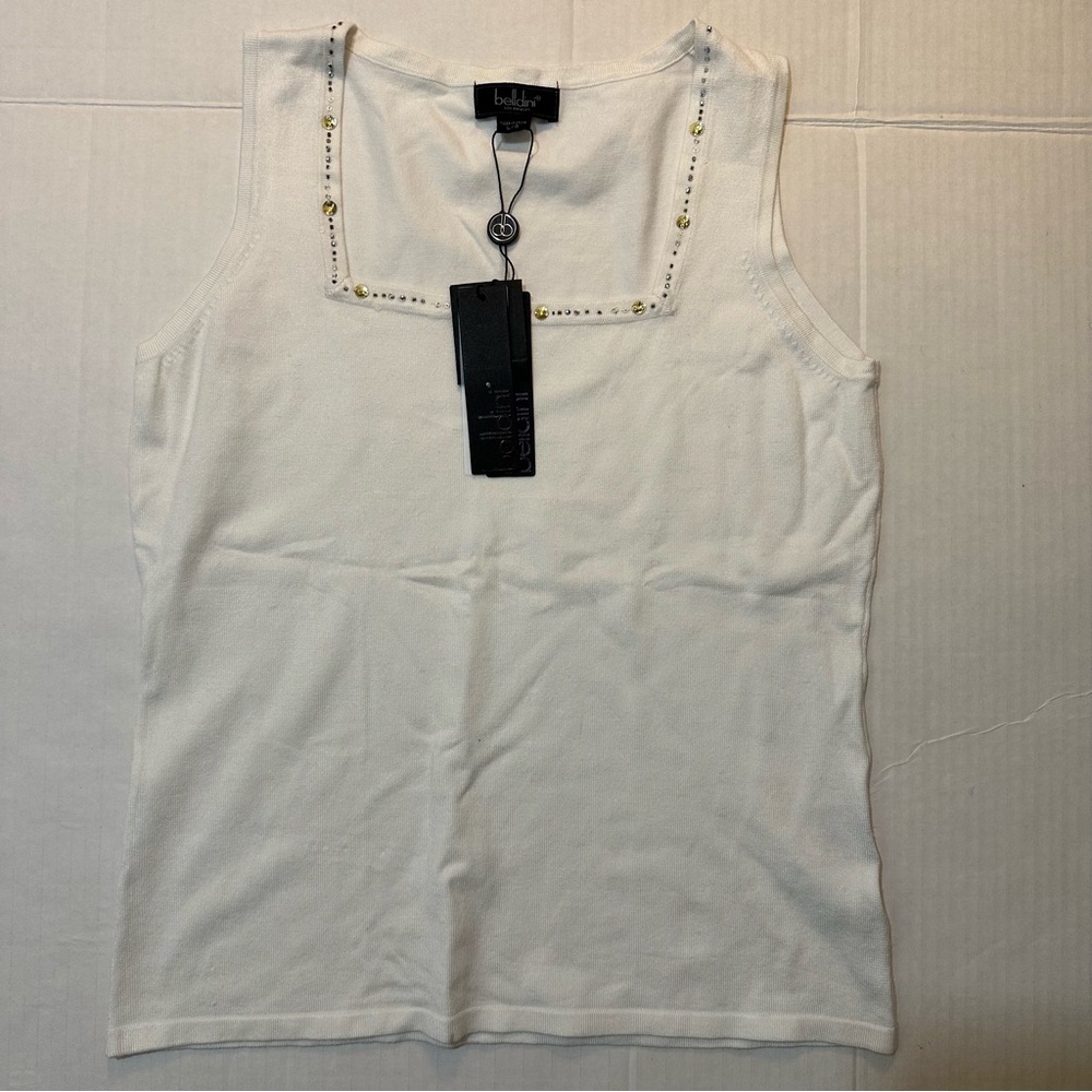 NWT! belldini - Estilo White Bedazzled Square Neck Sweater Tank - Size Large